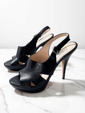 Prada Black Leather Cut-Out Slingback Platform Sandals, Size 39